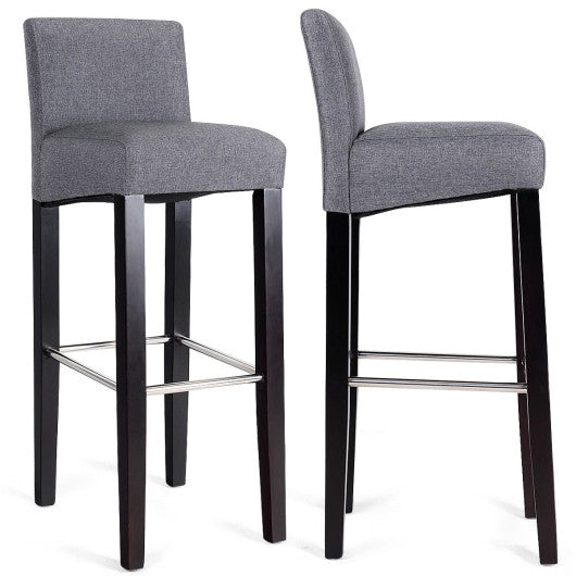 Costway 2 Pieces Gray Fabric Bar Stool Pub Chair with Solid Wooden Legs