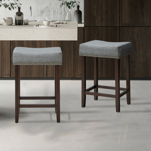 Costway 2 Pieces Gray Nailhead Saddle Bar Stools with Fabric Seat and Wood Legs