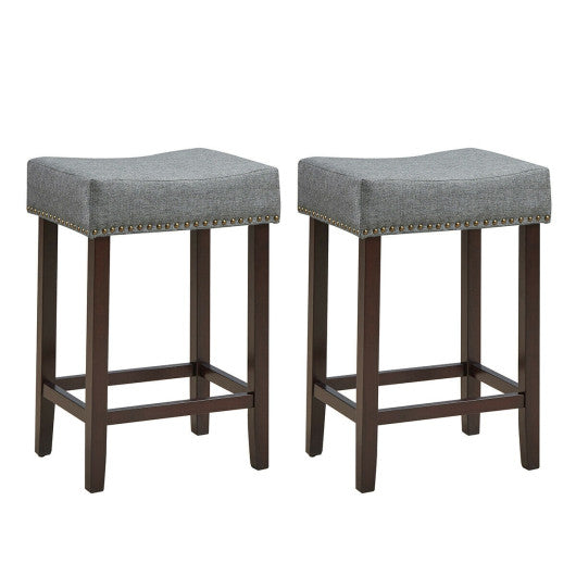 Costway 2 Pieces Gray Nailhead Saddle Bar Stools with Fabric Seat and Wood Legs