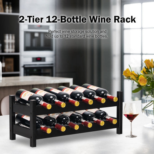 Costway 2Tier 12 Bottles Brown Bamboo Storage Shelf Wine Rack