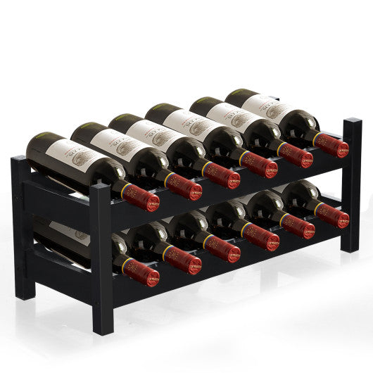 Costway 2Tier 12 Bottles Brown Bamboo Storage Shelf Wine Rack