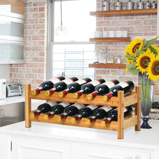 Costway 2-Tier 12 Bottles Natural Bamboo Storage Shelf Wine Rack