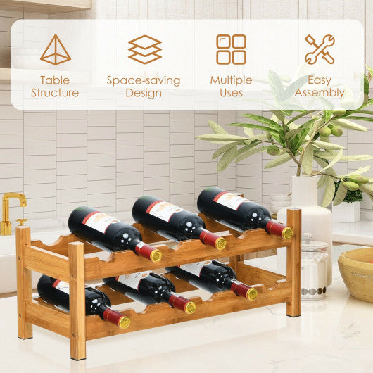 Costway 2-Tier 12 Bottles Natural Bamboo Storage Shelf Wine Rack