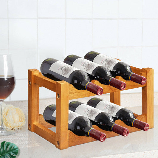 Costway 2-Tier Bar Kitchen 6-Bottle Wine Display Holder with Wooden Tabletop