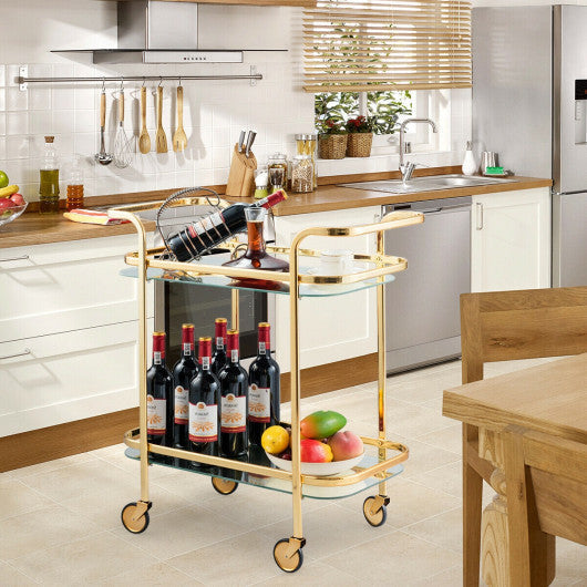 Costway 2 Tier Metal Frame Rolling Kitchen Cart with Glass Shelves