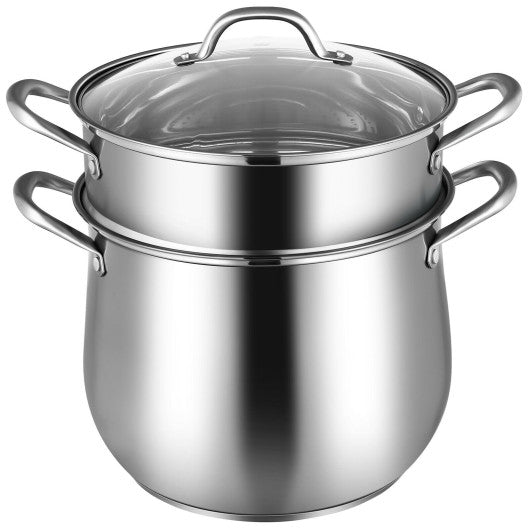 Costway 2-Tier Steamer Pot Saucepot Stainless Steel with Tempered Glass Lid