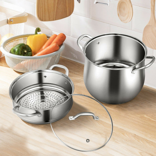 Costway 2-Tier Steamer Pot Saucepot Stainless Steel with Tempered Glass Lid