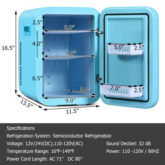 Costway 20L Blue Compact Portable Makeup Skincare Fridge