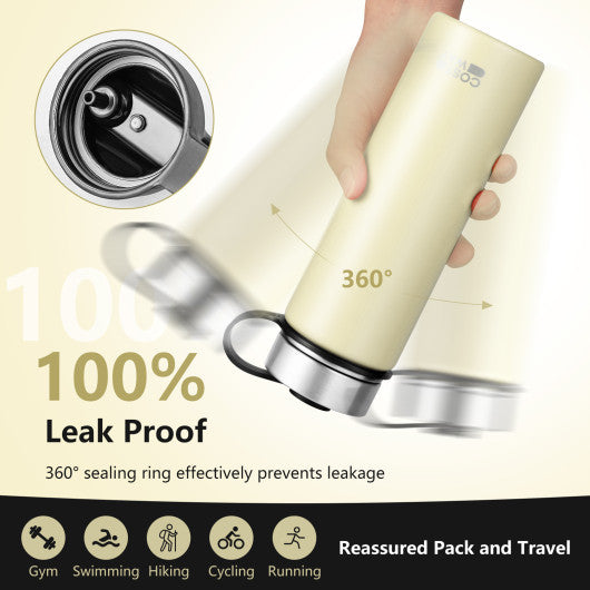 Costway 22 Oz Beige Double-walled Insulated Stainless Steel Water Bottle with 2 Lids and Straw