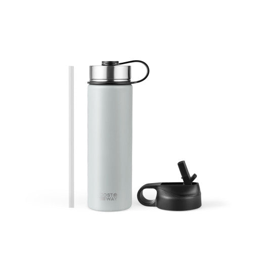 Costway 22 Oz Gray Double-walled Insulated Stainless Steel Water Bottle with 2 Lids and Straw