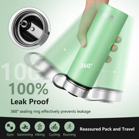 Costway 22 Oz Green Double-walled Insulated Stainless Steel Water Bottle with 2 Lids and Straw