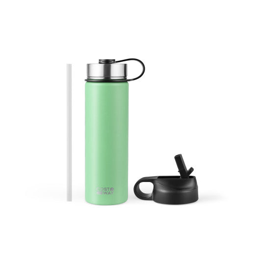 Costway 22 Oz Green Double-walled Insulated Stainless Steel Water Bottle with 2 Lids and Straw