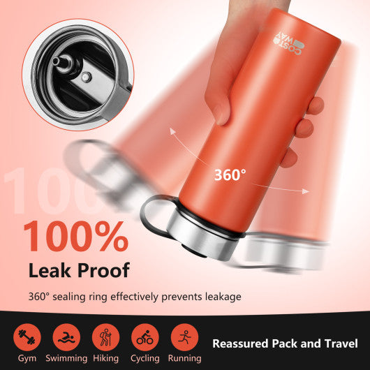 Costway 22 Oz Orange Double-walled Insulated Stainless Steel Water Bottle with 2 Lids and Straw