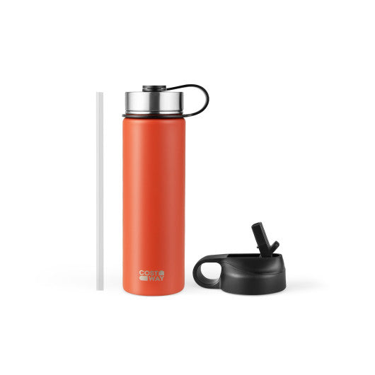Costway 22 Oz Orange Double-walled Insulated Stainless Steel Water Bottle with 2 Lids and Straw