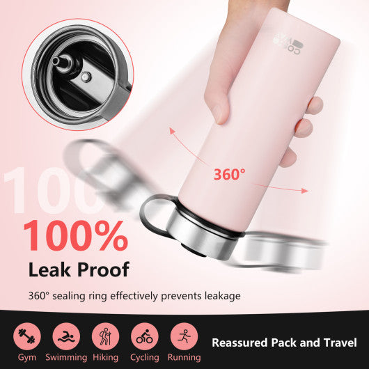 Costway 22 Oz Pink Double-walled Insulated Stainless Steel Water Bottle with 2 Lids and Straw