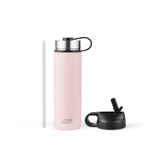 Costway 22 Oz Pink Double-walled Insulated Stainless Steel Water Bottle with 2 Lids and Straw