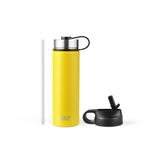 Costway 22 Oz Yellow Double-walled Insulated Stainless Steel Water Bottle with 2 Lids and Straw