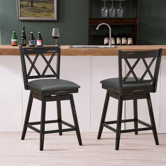 Costway 24" 2 Pieces Black Swivel Counter Height Barstool Set with Rubber Wood Legs