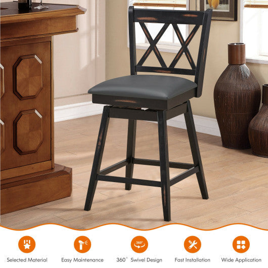 Costway 24" 2 Pieces Black Swivel Counter Height Barstool Set with Rubber Wood Legs