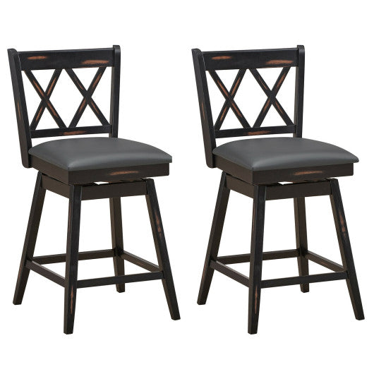 Costway 24" 2 Pieces Black Swivel Counter Height Barstool Set with Rubber Wood Legs