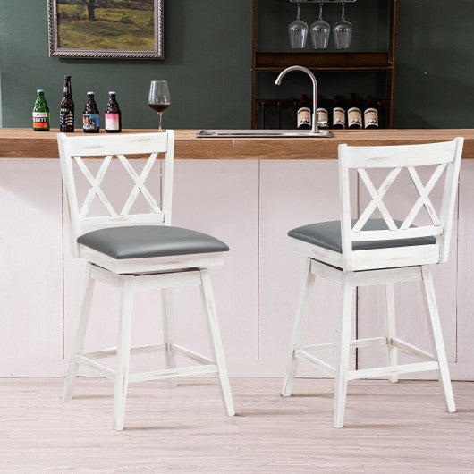 Costway 24" 2 Pieces White Swivel Counter Height Barstool Set with Rubber Wood Legs