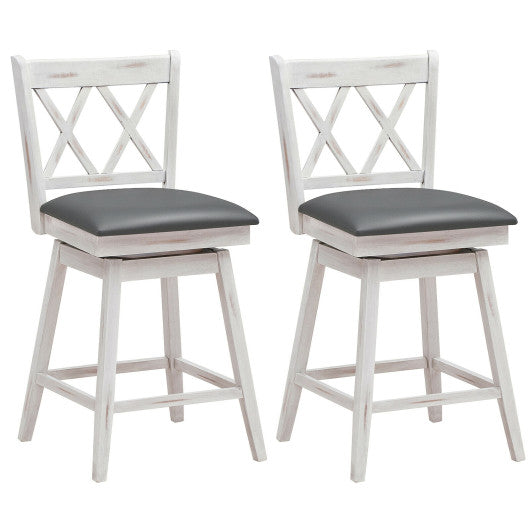 Costway 24" 2 Pieces White Swivel Counter Height Barstool Set with Rubber Wood Legs