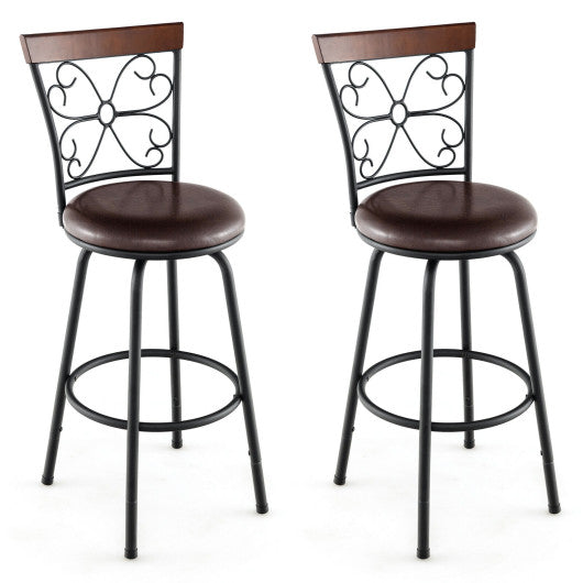 Costway 24-30" 2 Pieces Brown Adjustable PU Cushioned Swivel Barstools