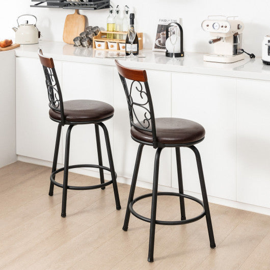 Costway 24-30" 2 Pieces Brown Adjustable PU Cushioned Swivel Barstools