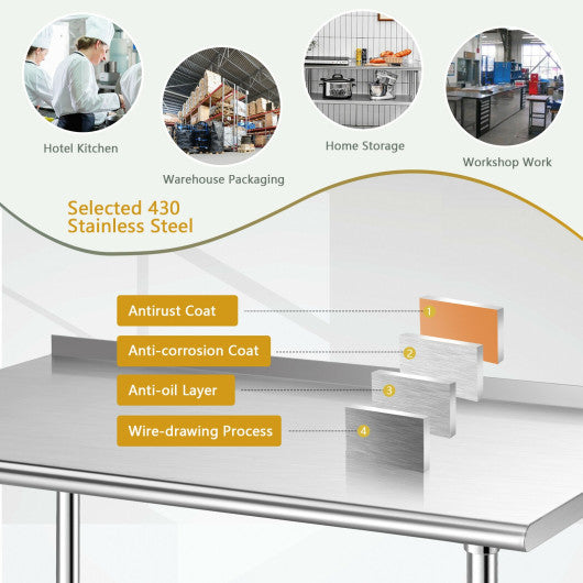 Costway 24" x 60" Stainless Steel Table for Prep and Work with Backsplash