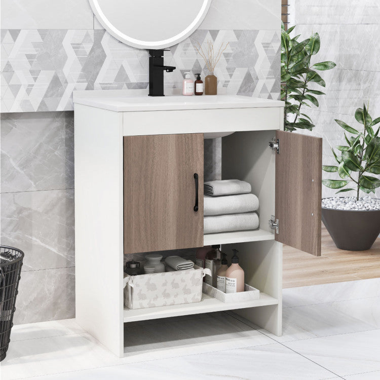 Costway 25" Bathroom Vanity Sink Combo Cabinet with Doors and Open Shelf