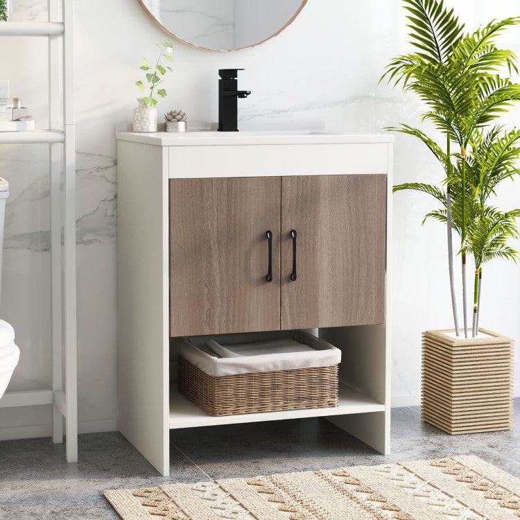 Costway 25" Bathroom Vanity Sink Combo Cabinet with Doors and Open Shelf