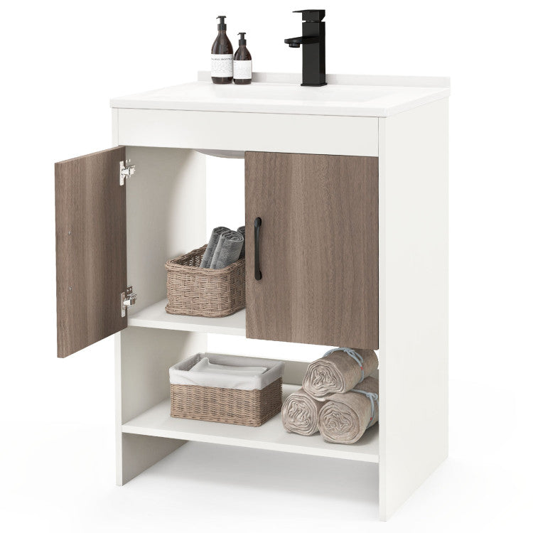 Costway 25" Bathroom Vanity Sink Combo Cabinet with Doors and Open Shelf