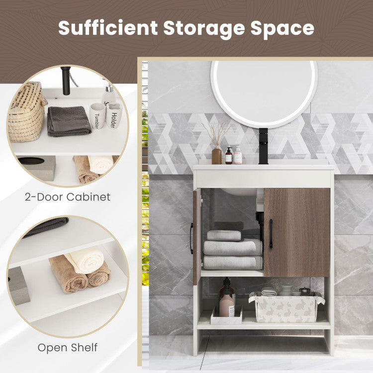 Costway 25" Bathroom Vanity Sink Combo Cabinet with Doors and Open Shelf