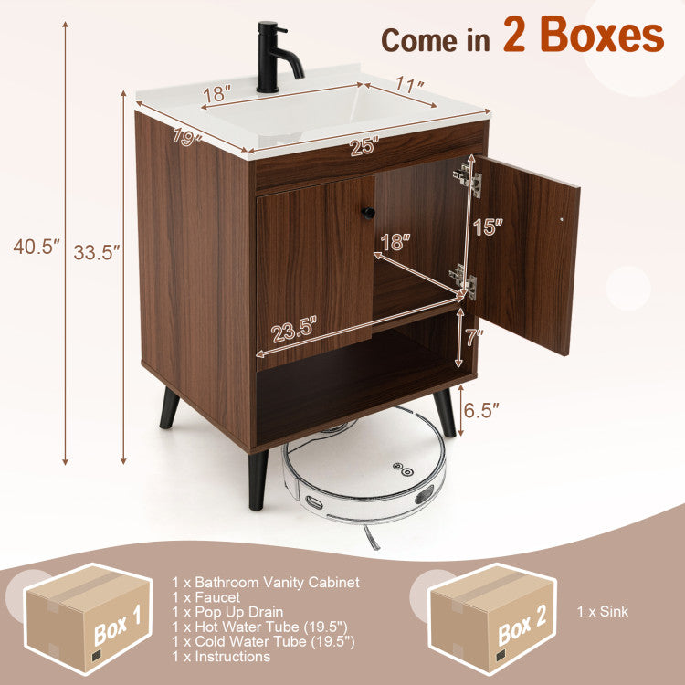 Costway 25" Wooden Bathroom Storage Cabinet with Sink