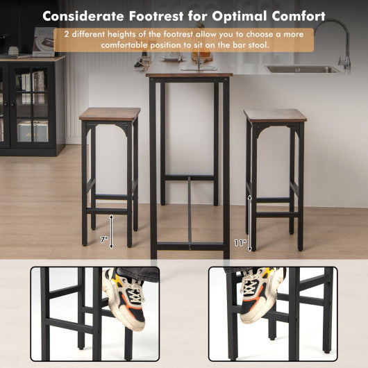 Costway 28" 2 Pieces Rustic Brown Dining Bar Chair Set with Footrest and Adjustable Pads