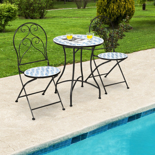 Costway 28.5" Patio Mosaic Bistro Round Table with Blue Floral Pattern