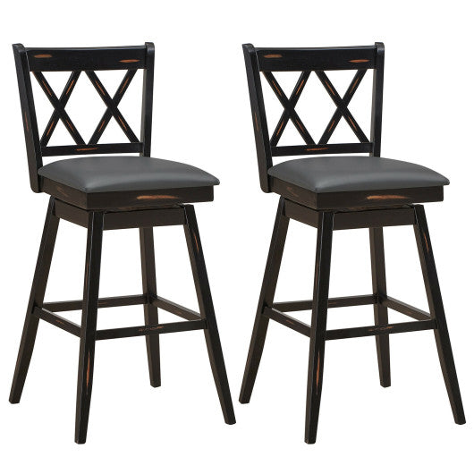 Costway 29" 2 Pieces Black Swivel Counter Height Barstool Set with Rubber Wood Legs