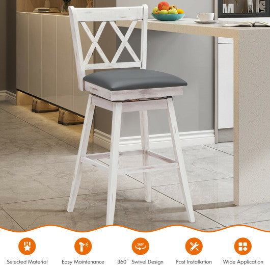 Costway 29" 2 Pieces White Swivel Counter Height Barstool Set with Rubber Wood Legs