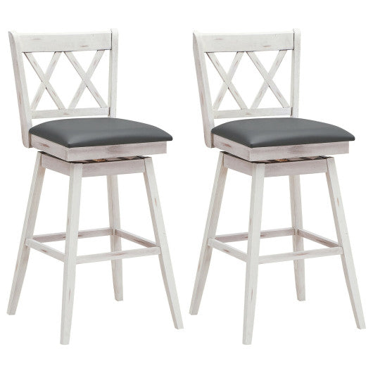 Costway 29" 2 Pieces White Swivel Counter Height Barstool Set with Rubber Wood Legs