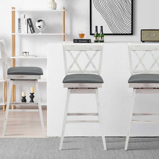 Costway 29" 2 Pieces White Swivel Counter Height Barstool Set with Rubber Wood Legs