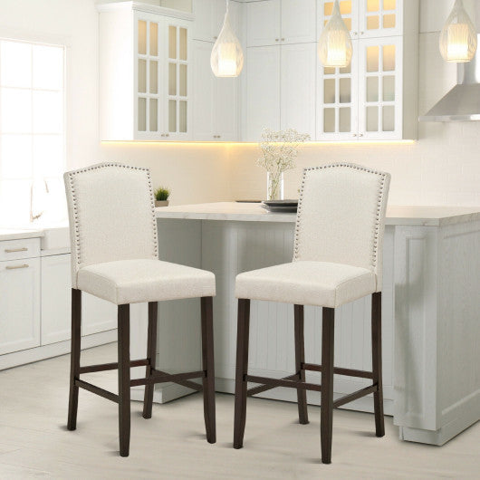 Costway 29" Beige Bar Height Set of 2 Nailhead Bar Stools with Rubber Wood Legs