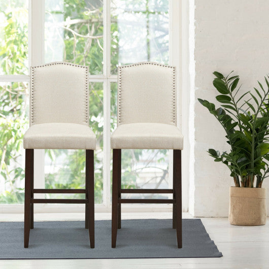 Costway 29" Beige Bar Height Set of 2 Nailhead Bar Stools with Rubber Wood Legs