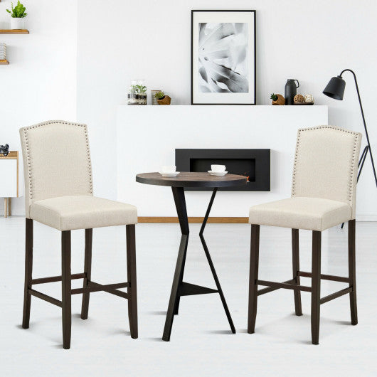 Costway 29" Beige Bar Height Set of 2 Nailhead Bar Stools with Rubber Wood Legs
