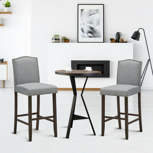 Costway 29" Gray Bar Height Set of 2 Nailhead Bar Stools with Rubber Wood Legs
