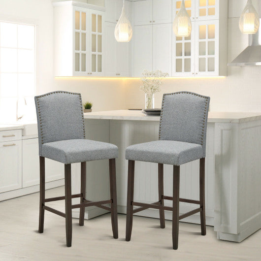 Costway 29" Gray Bar Height Set of 2 Nailhead Bar Stools with Rubber Wood Legs