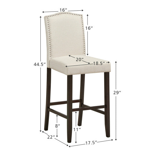 Costway 29" Gray Bar Height Set of 2 Nailhead Bar Stools with Rubber Wood Legs