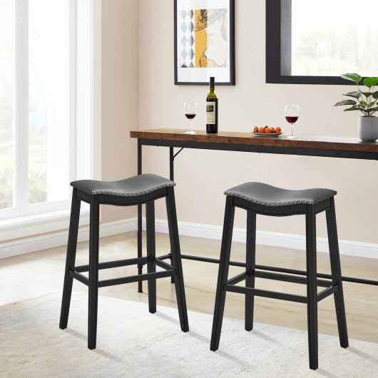 Costway 29" Set of 2 Black Backless Wood Nailhead Barstools with PVC Leather Seat