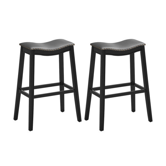 Costway 29" Set of 2 Black Backless Wood Nailhead Barstools with PVC Leather Seat
