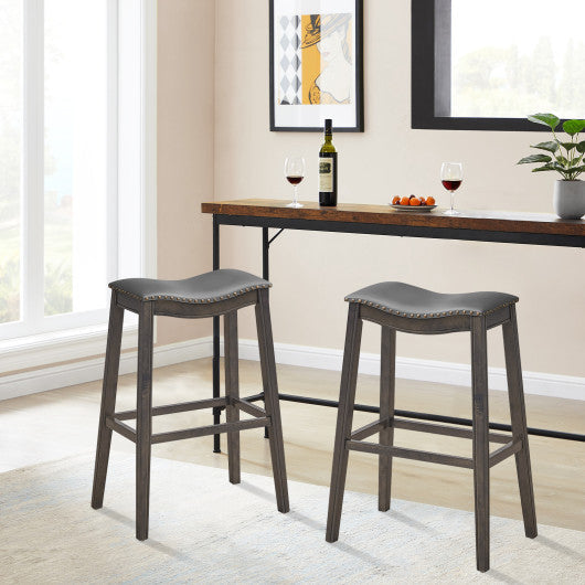 Costway 29" Set of 2 Gray Backless Wood Nailhead Barstools with PVC Leather Seat