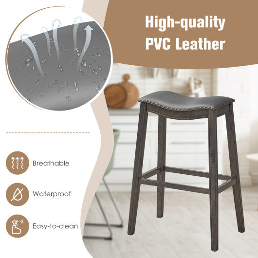 Costway 29" Set of 2 Gray Backless Wood Nailhead Barstools with PVC Leather Seat